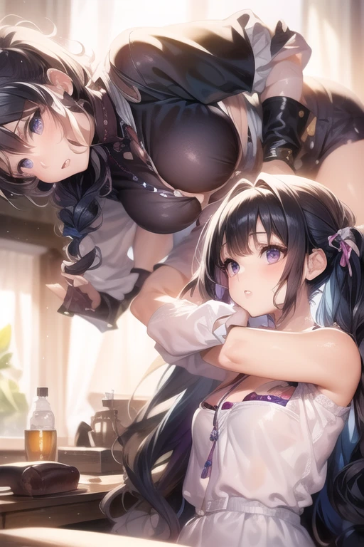 looking back,A group of female adventurers set in a medieval fantasy world.３people,Dancer、 (At the pub), Mr..々Hairstyle, Harem, night, detailed aspects, Asheria:1.5, Asheria:1.3, long hair, curly hair, wave hair, Very short pleated mini skirt with embroidery pattern, Seduce, Sleeveless, armor 、Shoulder Armor、show off pink plaid pattern panties:1.3、Big Breasts、Big Ass、Wide waist、Pull up their skirts,Knee socks,