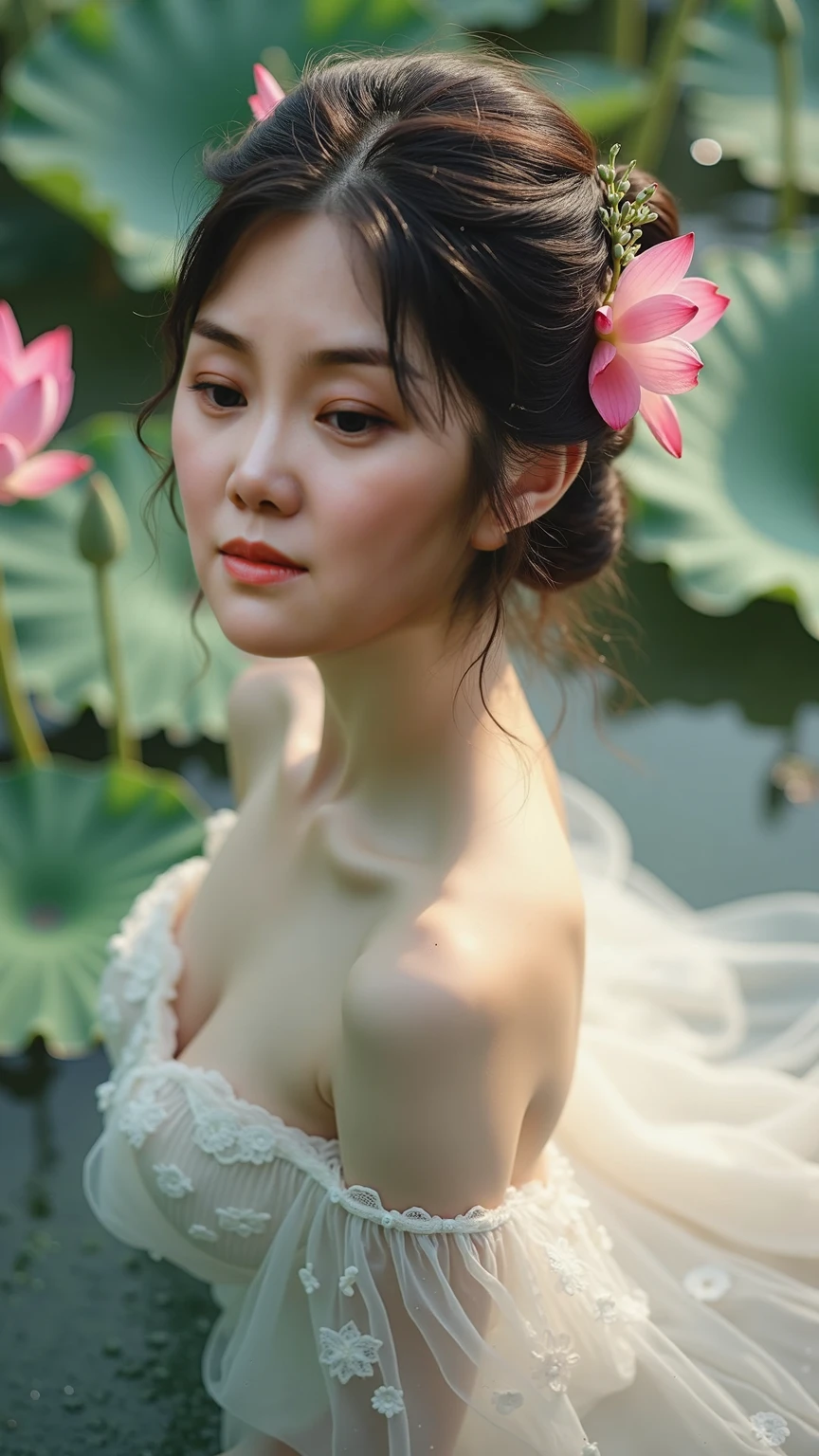 (((solo))) (Ultra detailed:1.3) (((hyperrealistic))) color professional (full length body portrait:1.4) (((1 girl))) photo of (((Vietnamese 18 yo, short black wavy hair))), ((extremely detailed skin), (detailed face:1.2), ((hyperrealistic on human facial skin detailed texture(taut, ags under the eyes, ((expression lines)), ((nasolabial folds)), ((contour)), luster, pores, supple skin pores)))), ((detailed full lips)), ((hyperrealist high detailed hair)), ((hyperrealistic detailed wearing ((charcoal purple aoyem<lora:AoYem_V10_4rp_9ep_1e-4:1.7:OUTALL>)))) made by brocade silk fabric, wearing (white (long pants)) made by brocade silk fabric, wearing high heels on foot, (realistic, detailed eyes, attractive nature sexy educative shaded pose), alluring eyes, (small breasts:1.1), (looking at viewer:1.331), (sit in the wood boat on the lotus flower river), (hyperrealistic lotus flower river background), ((visible pores:0.3)), ((high detailed skin:0.9)), intense, modelshoot style, intricate detail, imperceptible detail, artesian, masterpiece, DSLR, DLSR, photo shots of the most beautiful artwork in the world, photographed on a Sony Alpha 1 Camera, Zeiss 35mm lens, F/8 aperture, RAW photo ((ultra-detailed)), RAW color, wide angle, sharp outline, (((sharp focus on face))), (depth of field), POV, 8K, UHD, diffused soft light, soft lighting, lens flare, natural warm lighting, light from above, (strong front main lighting), halo, crystal clear, high res, photorealistic, depth layering, physically-based rendering