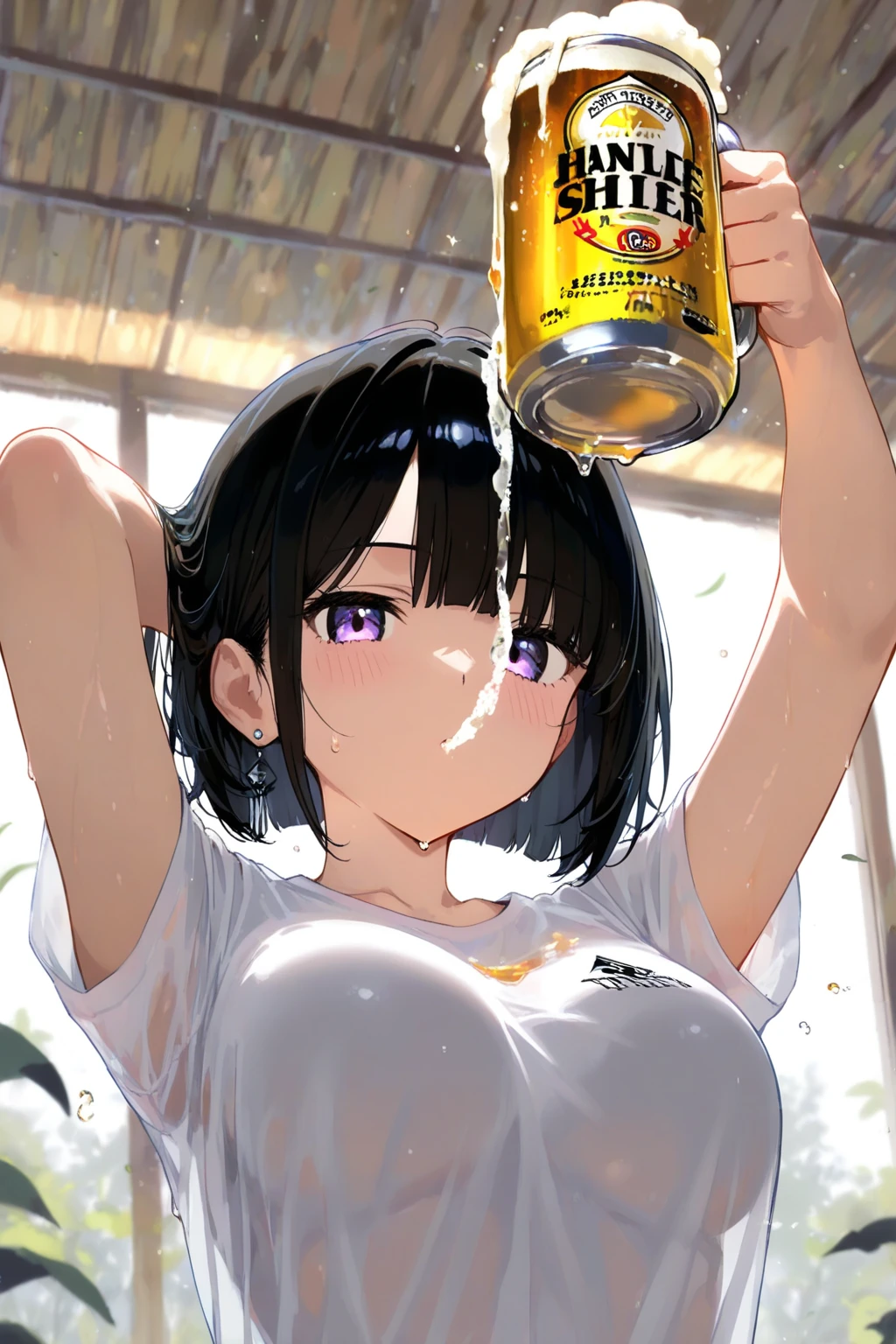 1. Beautiful girl in a magenta polo shirt, short hair, Small breasts, Embarrassing, Beautiful fingers, Shyness, worries, Black Hair, No underwear, Bending over, naked, nude, black eyes, hospital, beautiful, cute, high quality, short sleeves　No bra, beer in a clear glass
