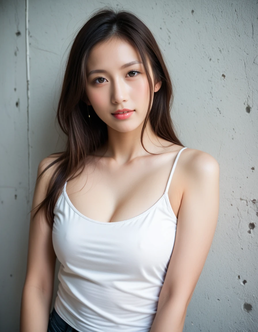 masterpiece, highest quality, Photoreal, Super detailed, finely, High resolution, 8k wallpaper, Professional, Advanced level of detail, 1 girl, thin japanese woman, ((facing the front)), detailed clavicle, perfect face, straight hair, white mini dress、Shoot up your whole body to your feet、sexy pose