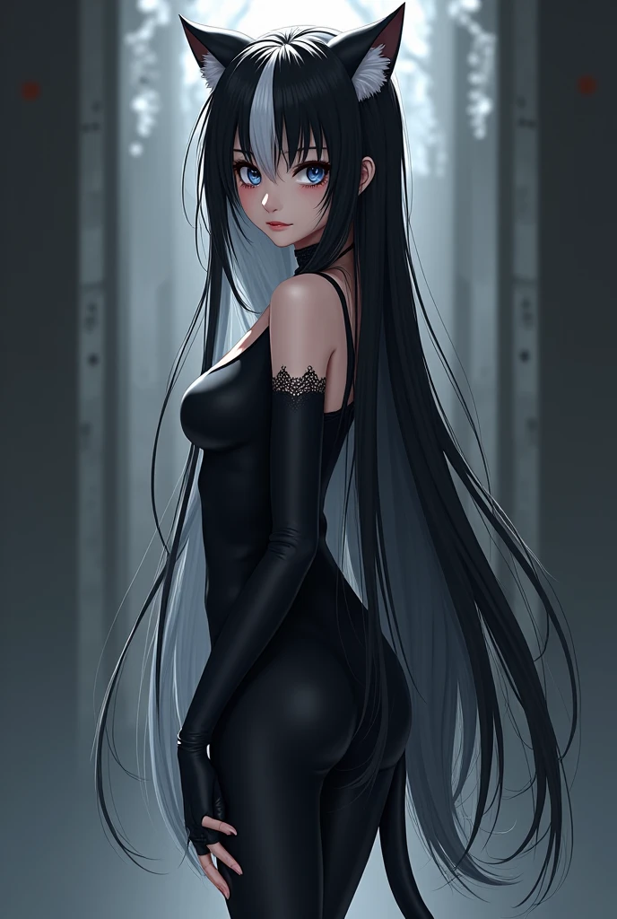 female,long black hair with inner dark blue hair, dark blue eyes,athletic body, elegant black dress,