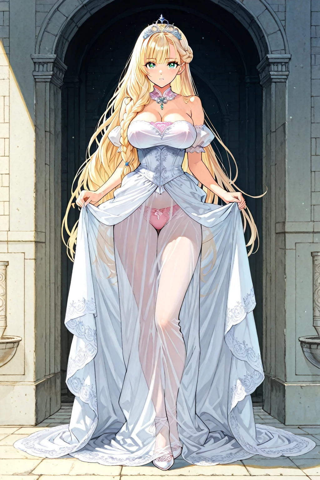 (masterpiece, best quality:1.4),
1girl, (full body shot:1.4), (perfect face, perfect female body), (blonde hair, long hair), (blue eyes, detailed eyes, expressive eyes), (pink lips, glossy lips), (natural breasts, cleavenge, nipples), (princess dress), (skindentation),