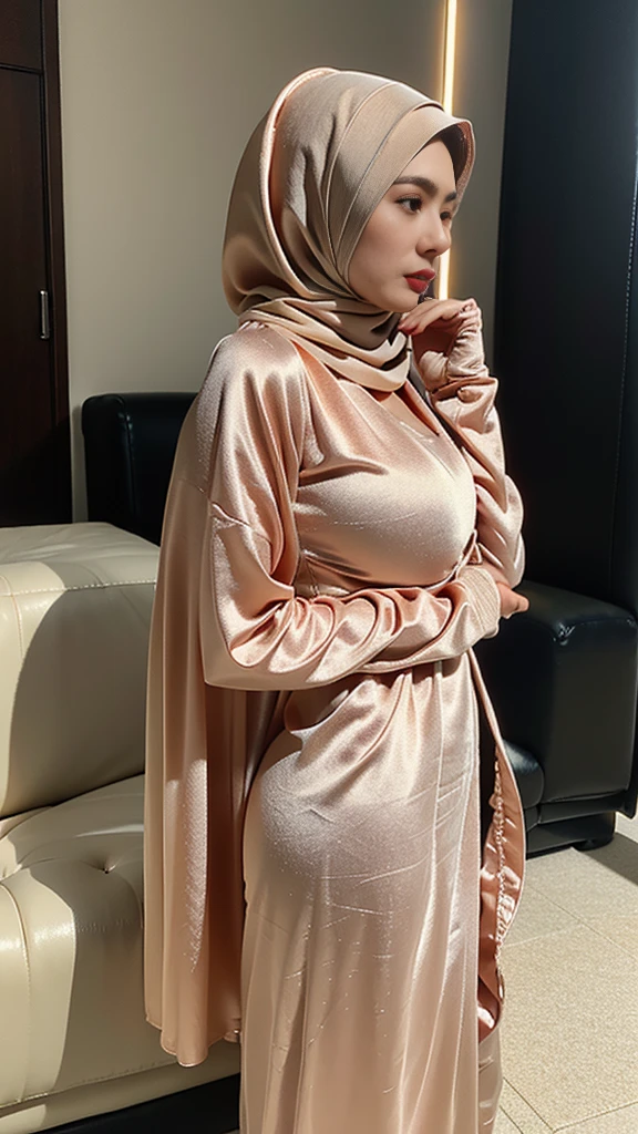 1 matured malay girl with short brown hair, ((wear satin pink off shoulder shirt)), ((((wear satin skrit))), in the living room, upper body, ((medium breast:1.1)), seducing, sexy pose, (8k, RAW photo, best quality, masterpiece:1.2), (realistic, photo-realistic:1.37), extremely detailed fully erected nipples, (()), ((breast cleavage:1.1)), ((extremely detailed erected nipples: 1.1)), slim hips, huge buttocks, upper body photo, brown hair visible