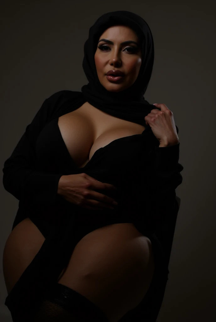 RAW photo,candid photograph, full body,photo of a beautiful,influencer,30yo Iranian woman,black hijab, detailed skin, naked, looking at viewer, thick body structure,white background,no background, candid pose,blue light, film grain, kodak color, instagram LUT