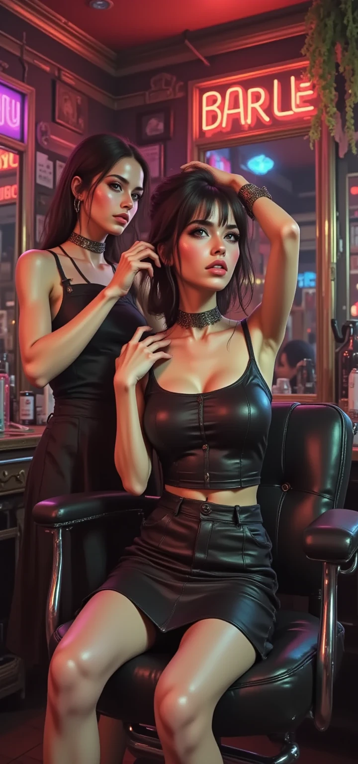 (Isabel Merced standing by the bar in long wide leather party dress, dark hair, bob_cut hair, choker, slim photo model, (big breasts:1.3), smiling, Real Life, full bodyshot, Ultra Realistic, Photorealism, Photography, 8K UHD, Photo, HDR, Complex and Elegant, Highly Detailed, Sharp Focus, Stunning, Beautiful, Gorgeous), (Masterpiece: 1.2, Best Quality 1:1, Ultra Detail: 1.2, Best Shadows, 8k: 1.1), (beautiful detailed face), high contrast, (perfect lighting: 1.2), (cinematic light)), colorful, hyper-detail, dramatic light, intricate detail, photograph by arny freytag