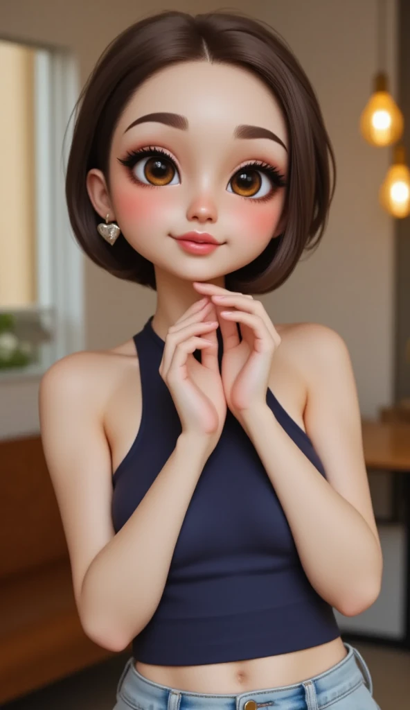 (photorealism:1.2), Thai lady,age 40,short black hair,wide eyes,thick lips,height about 160cm,chubby body,fair skin,indoor office,standing up,wearing Burmese traditional clothing top,camisole,body fit,purple color.