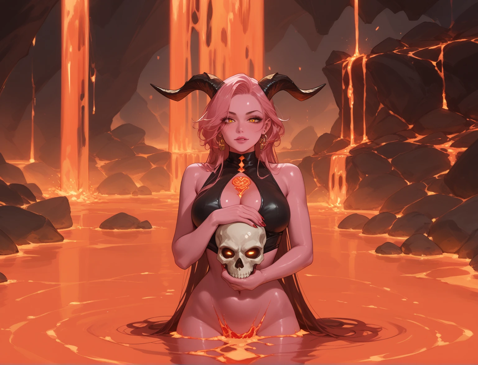 (masterpiece, best quality, high quality, extremely detailed, hyperrealistic, CG, unity, 4k), (dark fantasy:1.4), rough female dark mage, body covered in glowing runic tattoo, covered in scars, sleeveless, one demon hand, detailed glowing eyes, sitting on rock throne, relaxed pose, teal energy magic swirling around, in underworld, hell, dark scene, cinematic lighting, teal glow, cracks, detailed face, (detailed weathered skin), (35 years old), short blond hair, (wearing sinister skull mask), nude, huge tits,legs spread, full view of vagina, full view of anus, detailed vagina, detailed anus