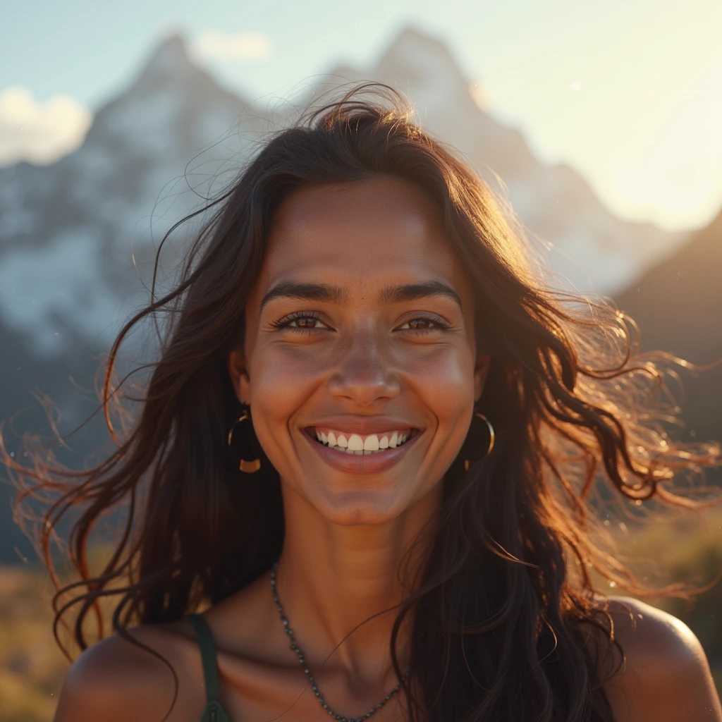 best quality, masterpiece,Dark hair, dark eyes, upper body, sun flare, outdoors, mountain, valley, sky. clouds, smiling,