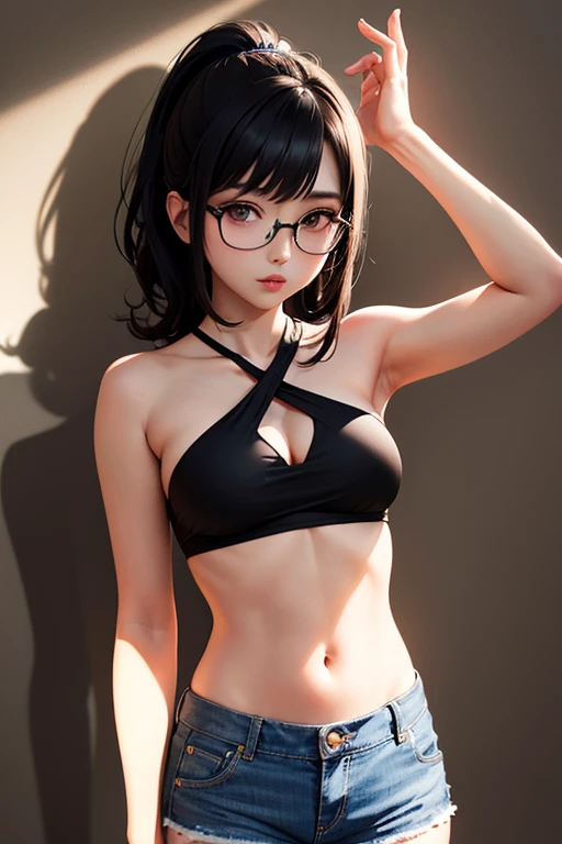 1 girl, 18 years old, glasses, brown eyes, black hair, bangs, short hair, underwear, cleavage, skull earrings, (open clothes), ponytail, medium hair, medium breasts, high quality, armpits, sensual pose , looking at viewer, deep black, (silver cross necklace), short shorts, black, (shorts with open zipper). (showing the edge of the black panties).