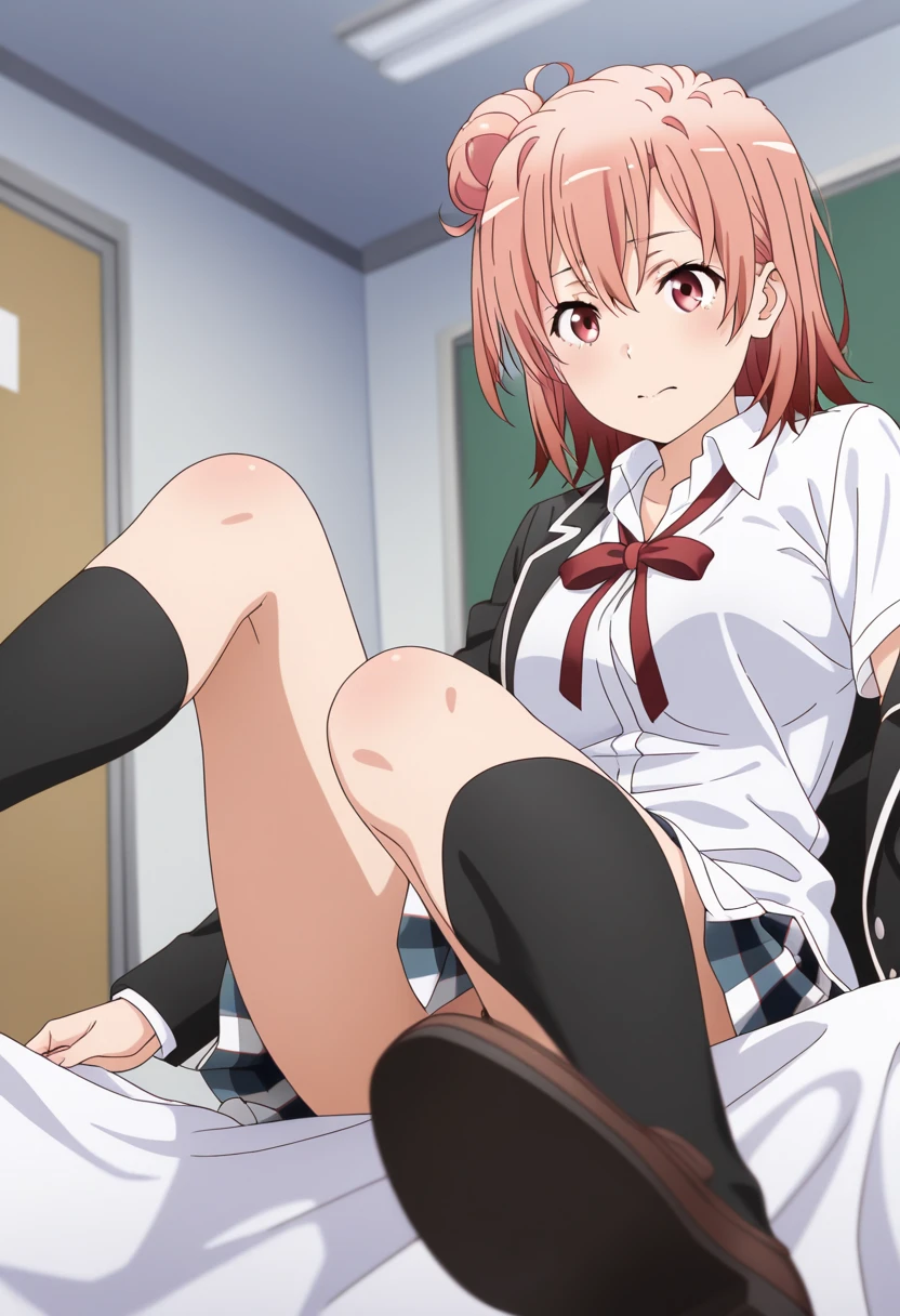 nsfw,Irohaisshiki, isshiki iroha,1girl, short hair, Brown Hair, Brown eyes, smile,
break skirt, shirt, ribbon, school uniform, Jacket, white shirt, Open clothes, socks, open Jacket, black Jacket, Plaid, Knee-high, Plaid skirt, blazer, cardigan, black socks, pink cardigan, sobu high school uniform,
break indoors, locker room,
break looking at viewer,(Pink Panties),(Put your arms behind your back),Cowboy Shot、from below、Sit on a chair、Spread your legs、
break (masterpiece:1.2), Highest quality, High resolution, unity 8k wallpaper, (figure:0.8), Beautiful attention to detail, Highly detailed face, Perfect lighting, Highly detailed CG, 