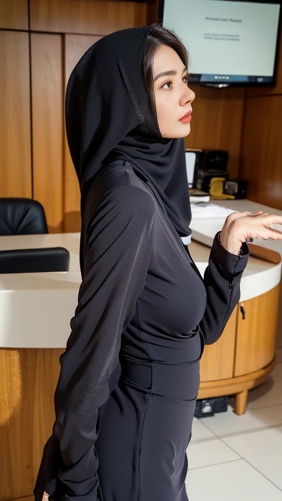 8K, high quality, nice lighting, soft lighting, realistic, dark eyes, sexy, big breasts, thighs, wide hips, muscular, malaysia, black dress, long sleeves, Jewelry, sexy lady, asian, hijab, niqab, sexy pose, in office, showing big thighs, nice body, natural largest breast, wearing wedding rings, hand sock, office girl