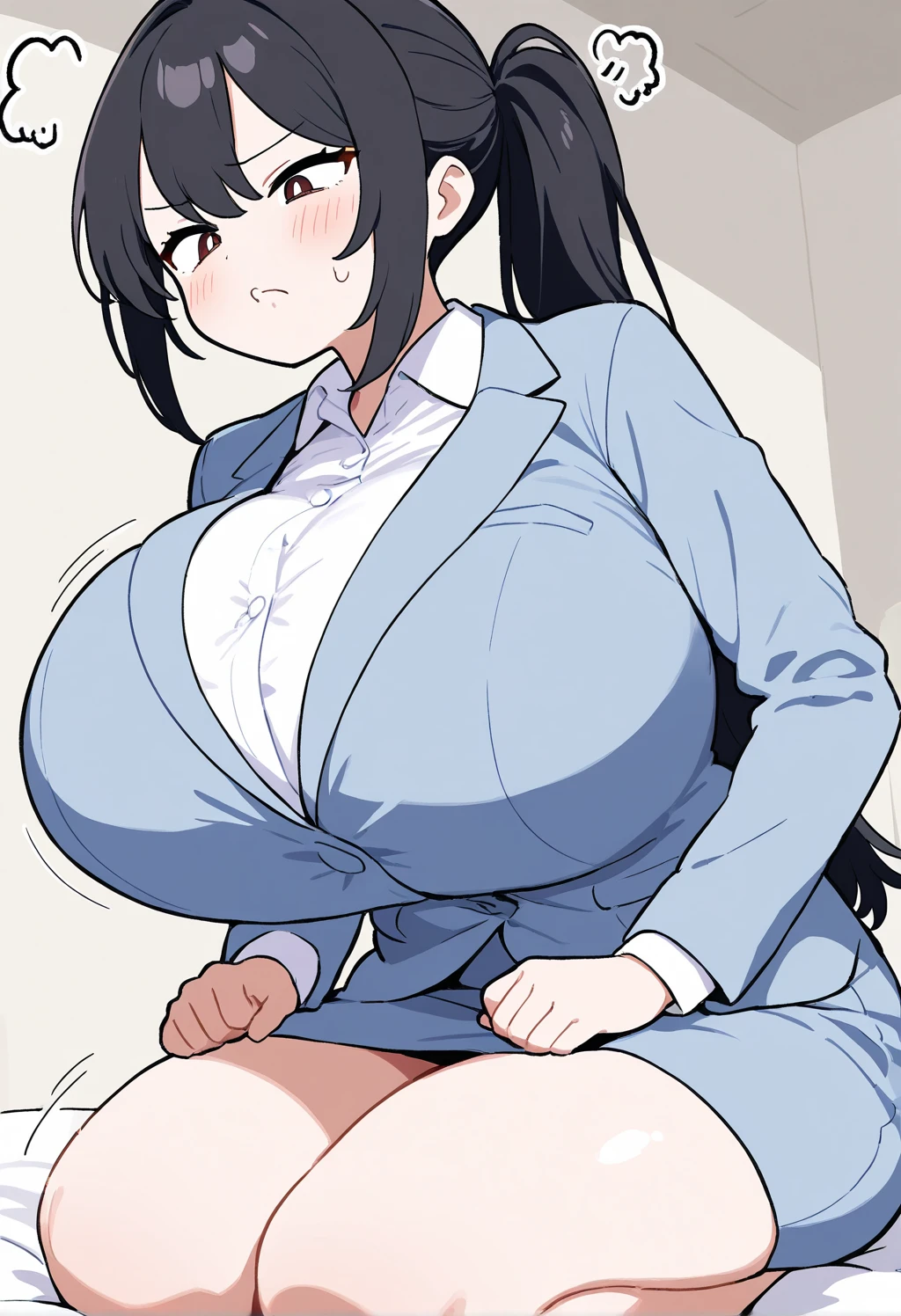 1girl, hourglass figure, mature female, milf, large breasts, ponytail, blue jacket, black hair, blue eyes, smile, black pants, shirt, white shirt, jacket, pants, long ponytail, large ponytail, very short hair, pixie cut, forehead