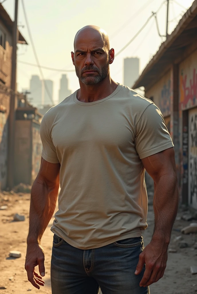 Big body builder bald white men 6 feet tall men wearing unbuttoned white double pocket denim shirt standing at park
