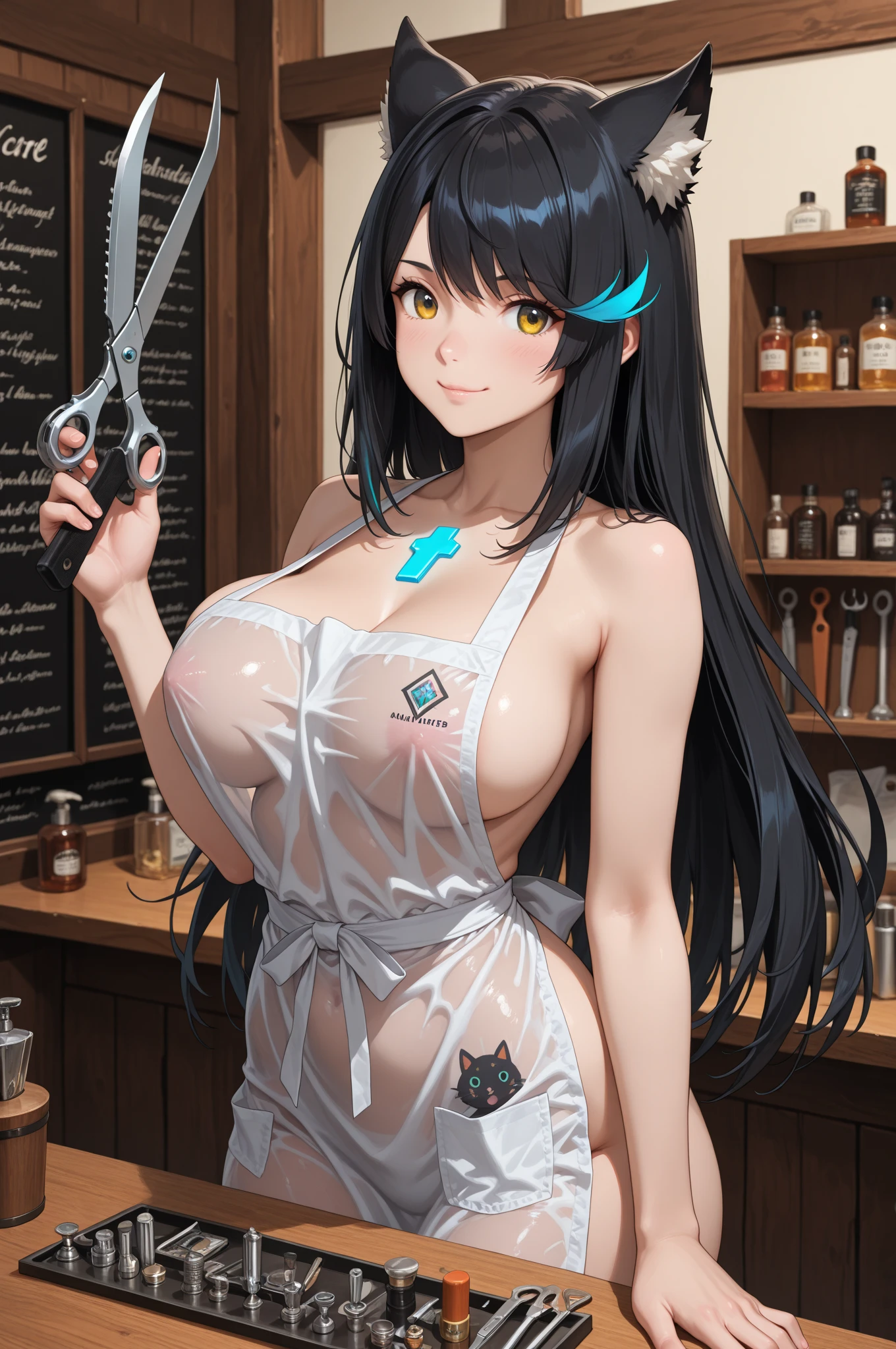 nsfw, upper body, (solo) (1girl, medium breasts), (beautifully drawn face:1.2) (clone Cocktail Dress Backless Dress:1.3) (rainbow hair medium hair side ponytail), glowing red eyes, stern smile, dynamic pose, BREAK
(resting on very dark cyberpunk night kitchen:1.3) circular saw scythe BREAK
illustration, ((masterpiece, best quality)), 4k, octane render, directional lighting, realistic shadows, volumetric lighting, high quality, solo, <lora:epiNoiseoffset_v2:0.8> dark studio, rim lighting, two tone lighting, dimly lit, low key