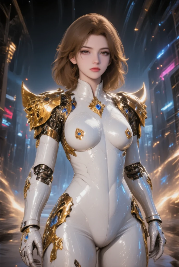 (1 mechanical girl)、Highest quality、Masterpiece、Ultra high resolution、(Virtual image:1.4)、raw photos、1 woman、((Shot showing the whole body))、(Fighting stance with a glowing sword)、golden hair、Glowing skin、(((1 mechanical girl)))、（Mechanical Helmet LED Light Bulb）、(small led light)、((The details are extremely realistic.))、Portlet、world class illumination、shadow、Octane render、8k、extra sharp、Huge tits、Raw skin reveals cleavage、metal、Details of intricate jewelry、Japan details、Very complicated details、realistic light、CGSoation trend、conjunctivitis、sparkling eyes、Facing the camera、Arms, legs, neon details)、(Blood vessels that connect to the spine tubeechanical attached to the back、The mechanical cervix is attached to the neck.、(Wires and cables connect to the head.)、Gundam、small led light、,mechanical thigh、Two Stock、