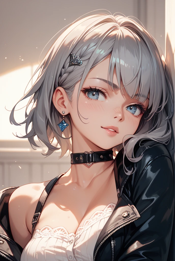 KOFAngel, white hair, jacket, cleavage, midriff, looking at viewer, aroused, sweat, eyes closed, mouth open, blush,close up,
lying, on back, arms above head, from_above, blanket background, romantic ambiance, extreme detail, masterpiece, beautiful quality, <lora:KOFAngel:.5>