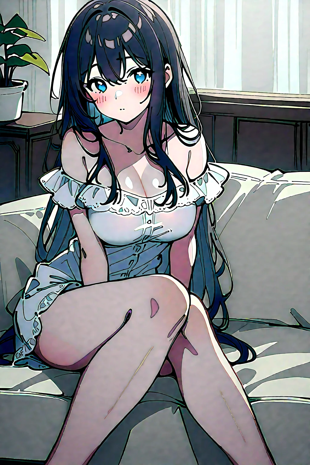A woman with big ,Black long hair,twintails,Exquisite,Nightdress,Slim waist,Show your belly button,blush,bedroom,Bright Light,ahegao,