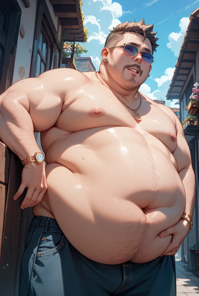 A fat man，Big eyes，Black round glasses，short hair，Round inches，Big round face，Very large and well-developed chest muscles，Big full belly，Sitting on the beach far away from the sunset，The upper body is bare，Wearing briefs with bulge in the crotch，Oriental male，full-body shot