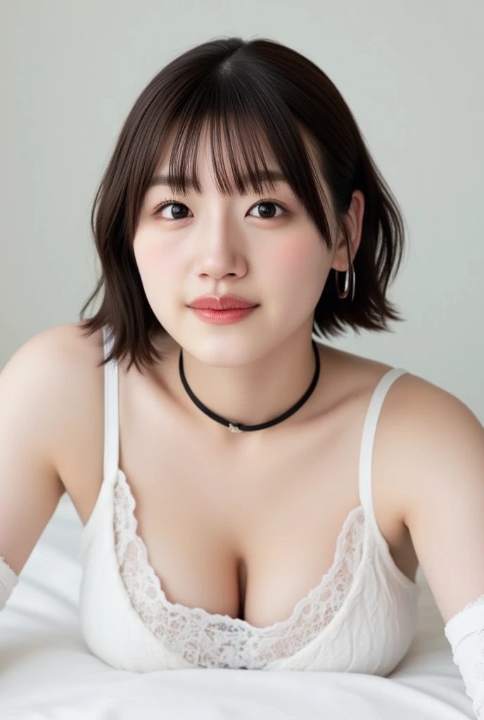 (8x_NMKD-Superscale_150000_G), (best quality), (high resolution), (masterpiece), (full body shot), (Castle basement), ((short, black hair)), ((cute, baby face)), ((flat chest)), ((24 years old, 1 beautiful girl)), (((Put your hands on the floor, look up and look at me, lift your hips and get into a position where your knees are on the floor.))), ((collar around neck)), ((frilled bra, panties)), Japanese