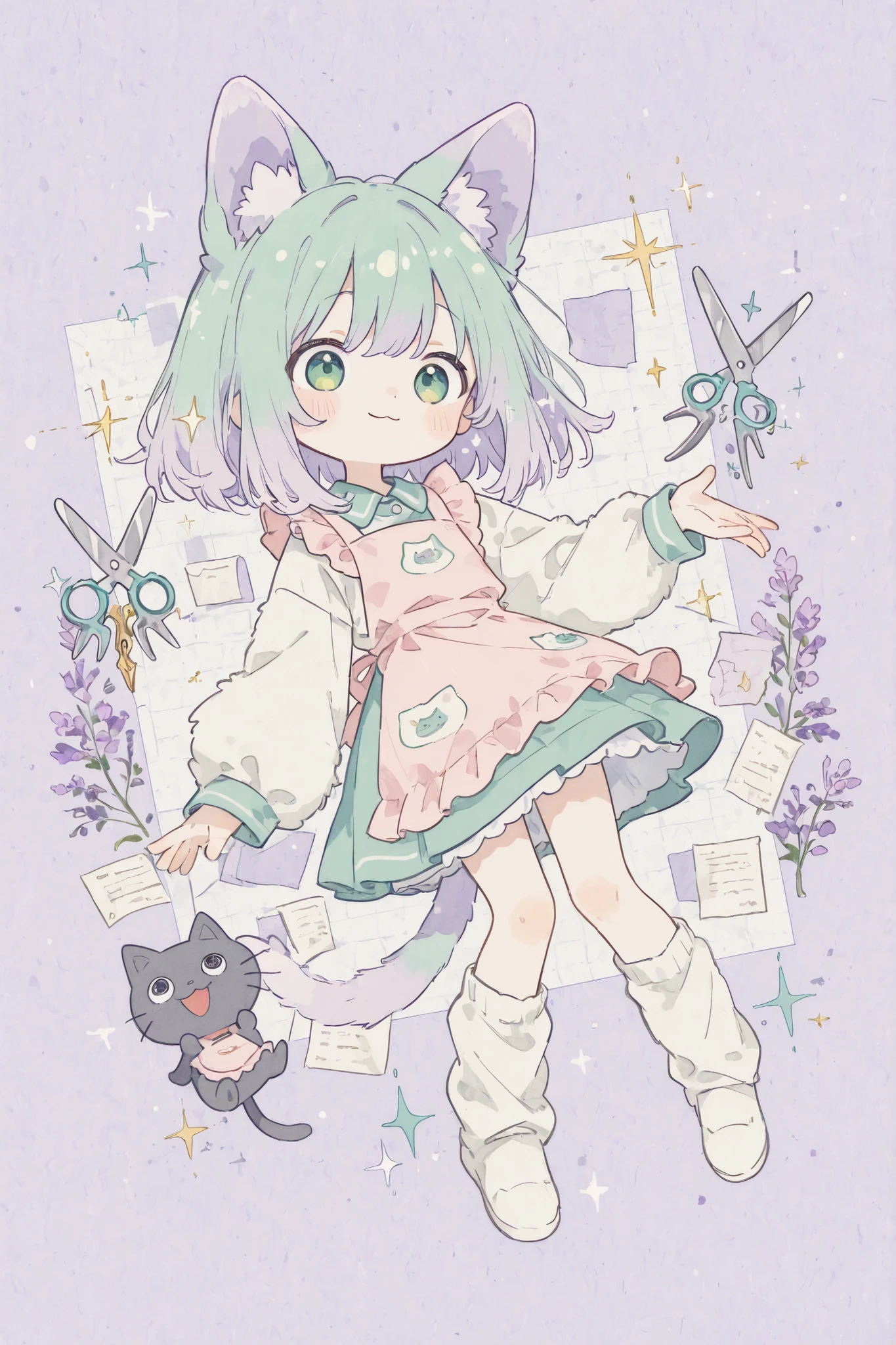 cat, full body, 1 girl, (pastel color: 1.5), (cute illustration: 1.5), (watercolor: 1.2), white background background,