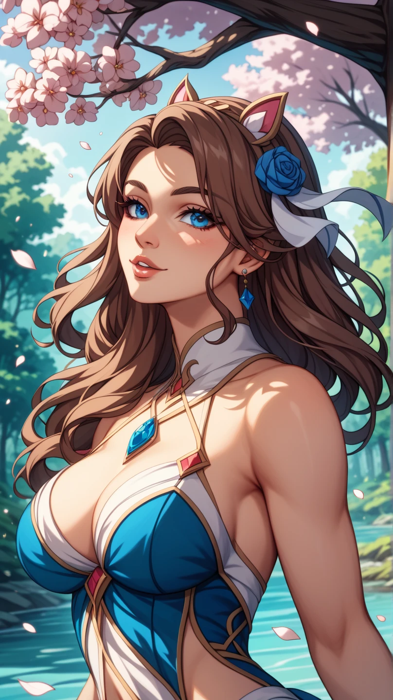 1girl, emma watson, jewelry, logo, long_hair, medium_breasts, mr.takealook, multi-tied_hair, neck_ring, nose_blush, off_shoulder, off-shoulder_shirt, revealing_clothes, shirt, solo, tiara, upper_body, very_long_hair