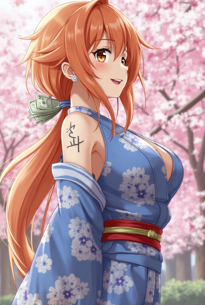 2D, masterpiece, Highest quality, anime, Highly detailed face, Highly detailed background, Perfect lighting, here, we, One person, One personで, Close one eye, Long Hair, smile, jewelry, sash, kimono, heart, Orange Hair, kimono, bow, light blue kimono, flower, flower print, Earrings, View your viewers, Sleeveless kimono, Ahoge, ribbon, hair bow, null, Day, bracelet, Sleeveless, ;\), blue bow, Outdoor, chest, cloud, Mouth closed, ponytail, blue null, Brown eyes, Orange eyes, Left shoulder tattoo, Expose your shoulders, very Long Hair, Side Lock, bangs, clavicle, Upper Body, Tattoo on left arm, Bare arms, official Alternative costumes, Blurred, Hands, Alternative costumes, medium chest, Blurred background, large chest, eyelash, Mountain, Parody, cloudy null, Sitting, Shiny Hair, Bangles, Wavy Hair, Sexy Underwear,大きなchest,Spread your legs,Seduce