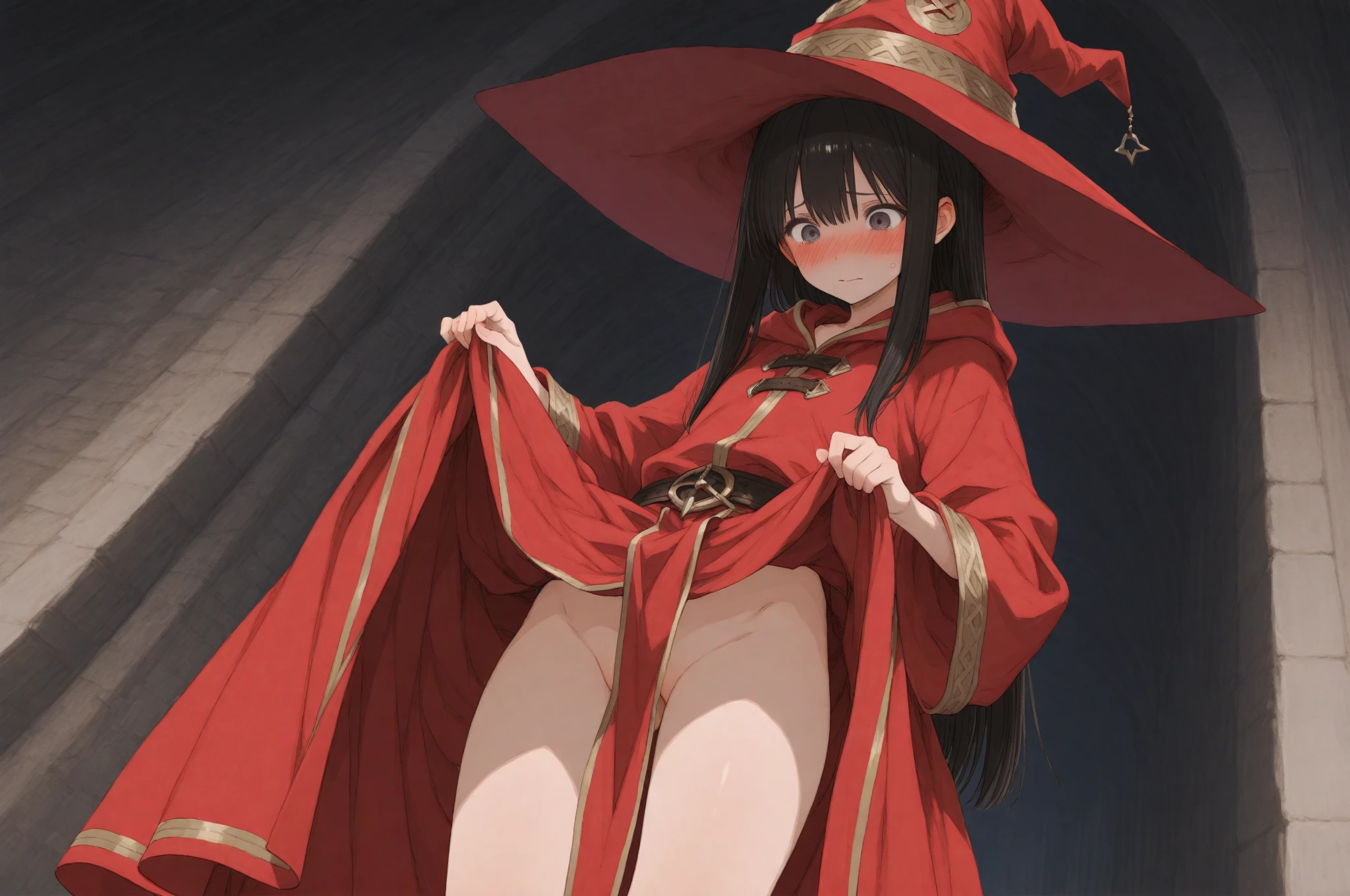 nsfw, {masterpiece}, nice hands, perfect hands, 1girl, hentai, black and orange witch hat, black short hair, straight hair, orange eyes, nude, big boobs, big ass, wet body, standind, open legs, pussy, open pussy, perfect pussy, squatting from behind, bedroom background