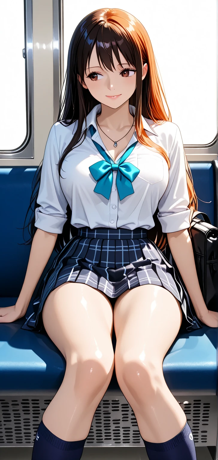 1 Girl's crotch、 A dark-haired,  On the train、a miniskirt、white  panties、top-quality、lighting like a movie、Frustrated face、Wearing sweat、full of sweat、Eyes from below、Nice crotch、perfect crotch、glute、