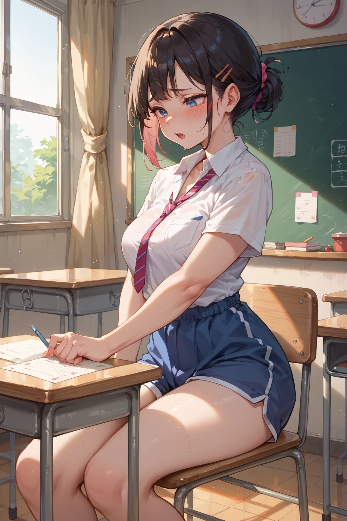 NSFW, In the classroom, Standing in front of the blackboard (master piece, highest quality), one beautiful girl, 16 years old, T-shirt, bra is visible, (sexy panties), fluffy pubic hair, ((sexy thighs)), (navy pleated skirt), wide angle, best lighting, best shadows, (close your mouth), (a shy look), physical education sitting, low twintails, high ponytail, curl bob hair, a shy look