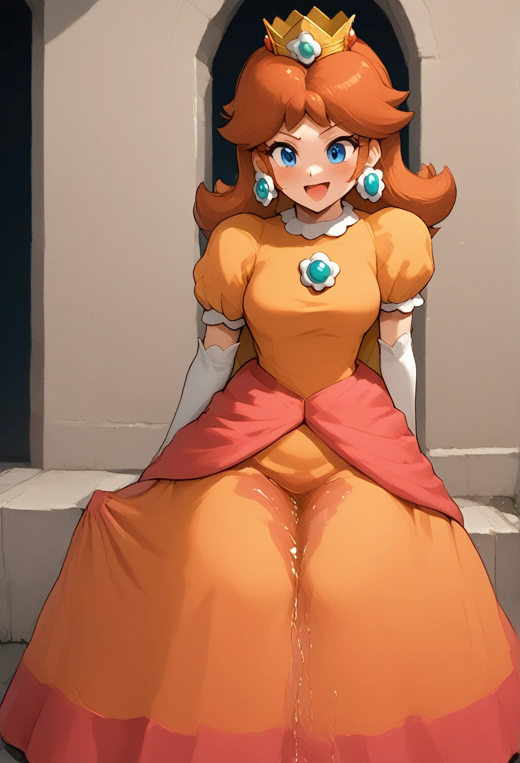 STICKER, (solid outline:1.3), (NSFW:1.2), A detailed illustration of a vivid Sexy Princess Daisy from Mario naked squatting down, bare breasts, face view, ass view, side by side, Solo Female, medium breasts, soft nipples, full cleavage, Full Body View, high heeled boots, hands behind her back, large crown, vintage t-shirt design, in the style of hand drawing, 3D vector art, fantasy art, watercolour effect, Adobe Illustrator, hand-drawn, digital painting, low-poly, soft lighting, isometric style, retro aesthetic, focused on the character, 4K resolution, photo realistic rendering, using Cinema 4D,