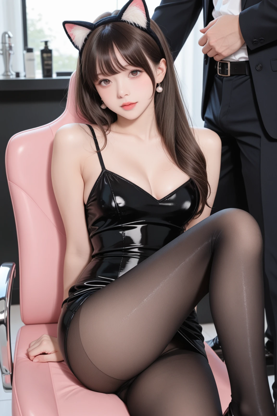 (in 8K、Raw photography、Highest Quality、realisitic、Photorealsitic、Professional Lighting、​masterpiece、Extremely delicate and beautiful、Highly detailed、finely detail、ultra-detailliert、hight resolution、beautiful and detailed face、Textured skin、full-shot:2、low angles:1.5)、1girl in、Alone:2、Beautiful model sitting alone with her crotch open、Beautiful face:2、Open your legs 120 degrees:2、Open your crotch:2、M-shaped legs、short shiny skirt、Wet white panties:1.5、Pubic hair sticking out of panties、The shape of the woman's pubic area is clearly visible、no panty、White blazer with edging、Long body、Hostess、22year old、Good posture、Straight spine、Brown hair、White high heels、anklets、gyuru、a necklace、A bracelet、ear ornament、Chanel Accessories、Stairs at Shinjuku Station at night