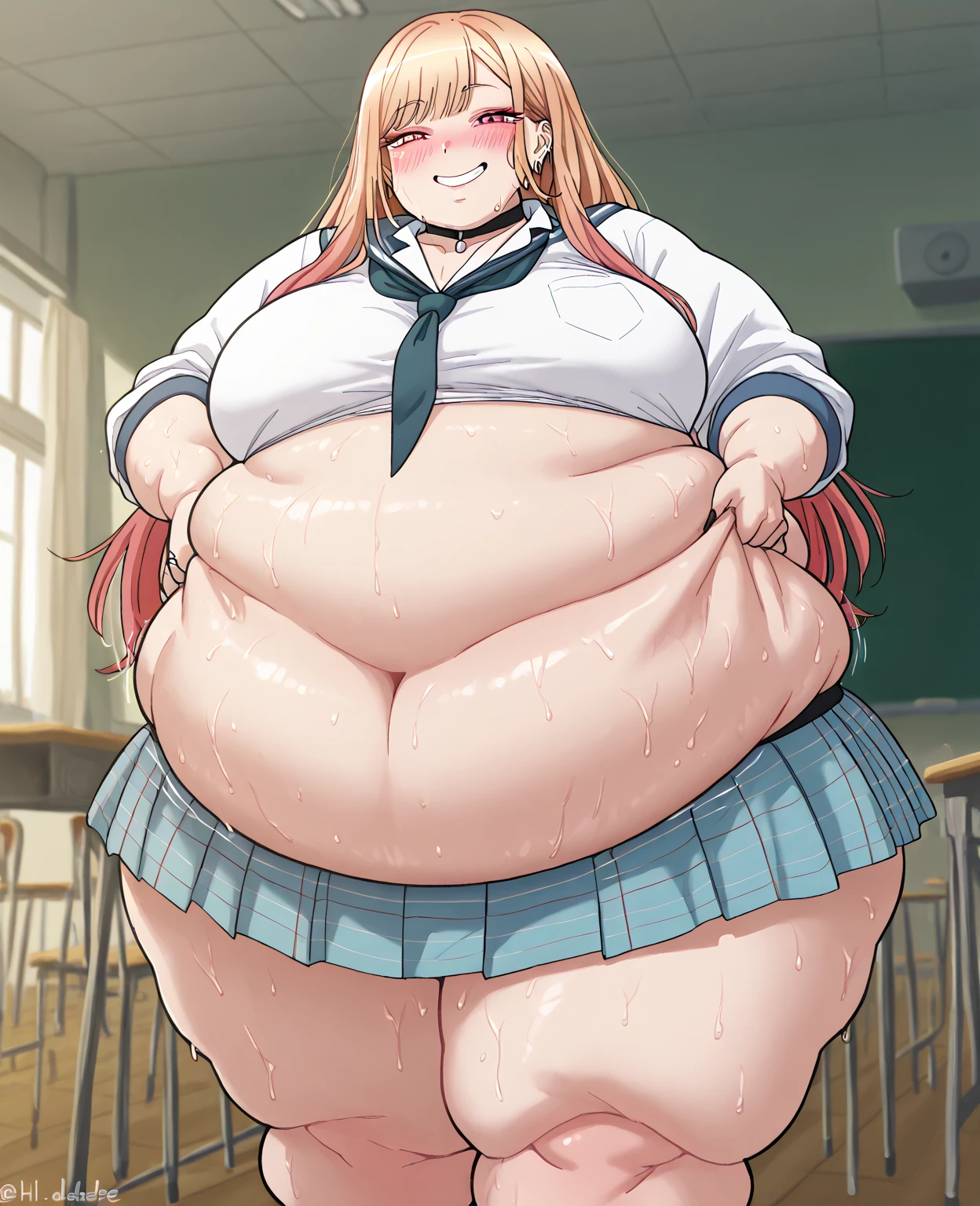 obese itsukinakano, obese itsuki nakano, bangs, blue eyes, hair between eyes, ahoge, red hair, star \(symbol\), hair ornament, star hair ornament, obese body, big cheeks
BREAK shirt, school uniform, collarbone, white shirt, short sleeves, white panties, socks, collared shirt, kneehighs, white socks, green skirt, sweater vest, red sweater vest,
BREAK indoors, school, classroom,
BREAK (masterpiece:1.2), best quality, high resolution, unity 8k wallpaper, (illustration:0.8), (beautiful detailed eyes:1.6), extremely detailed face, perfect lighting, extremely detailed CG, (perfect hands, perfect anatomy),