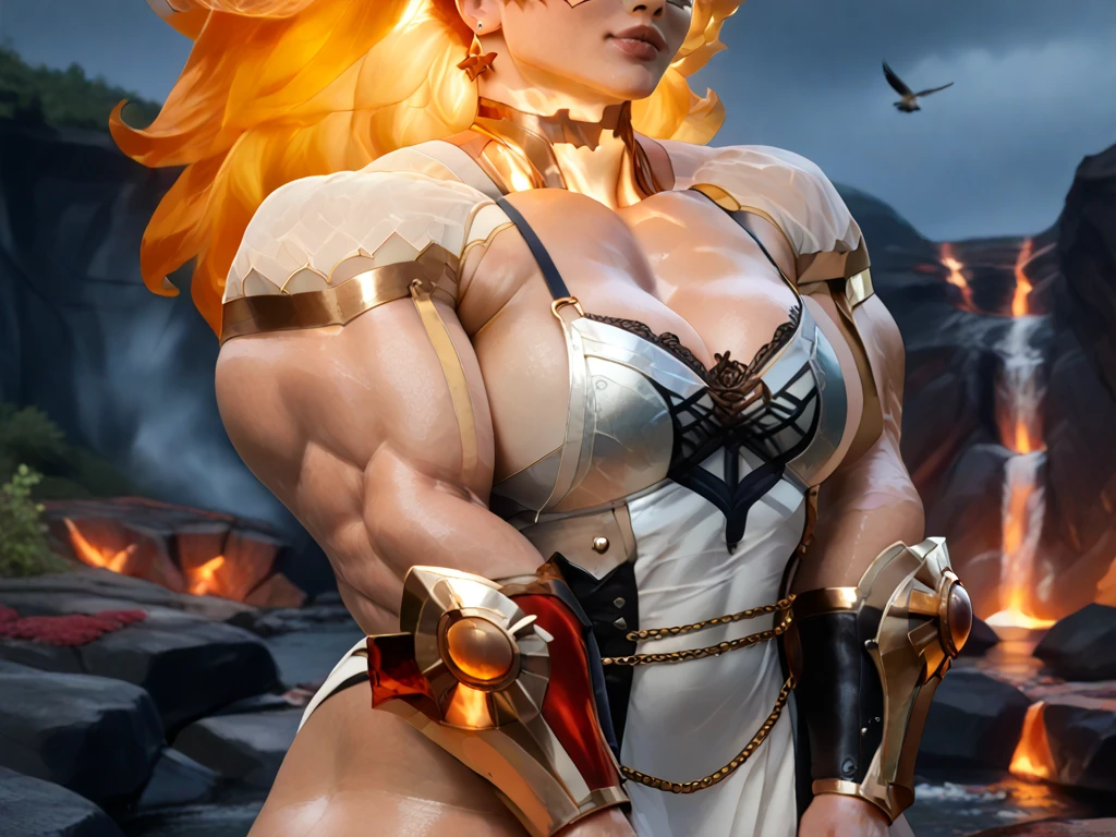 ((((Massive, beautiful, buff, light brown skinned, muscular warrior princess with yellow hair, black lipstick, ginormous bulky muscles, welding a fire sword and wearing a beautiful armored yellow warrior princess dress)))), {close view}, vascular, massive muscles, massive biceps, hyper muscle shoulders, hyper muscle triceps, (long flowing hair), yellow eyes, long beautiful princess skirt, (high heels), closed smile, in a castle, at evening, Vascular arms, hyper muscles arms, hyper muscle legs, massive arms.