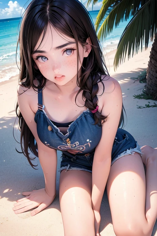 girl、masterpiece、One girl per photo、(Seaside、sitting on the beach、Brush your hair up、sexy)((20-year-old girl、Sparkly Makeup、Mature face、Super big boobs))((Pure white skin、Super white skin、Realistic Skin、))((Shining Eyes))((denim、Overalls Dresses、Damage、Extremely uper big boobs、Super exposed))(((Embarrassed face、Mouth open)))((Long Hair、Elaborate hairstyles、Brown Hair))((Round big 、Narrow waist、Thin thighs、Long legs))((Super white skin、Ultra-realistic、Perfect limbs、Perfect fingertips))Attractive pose、short boots、大胆でsexyなポーズ、(((((超sexyショット)))))