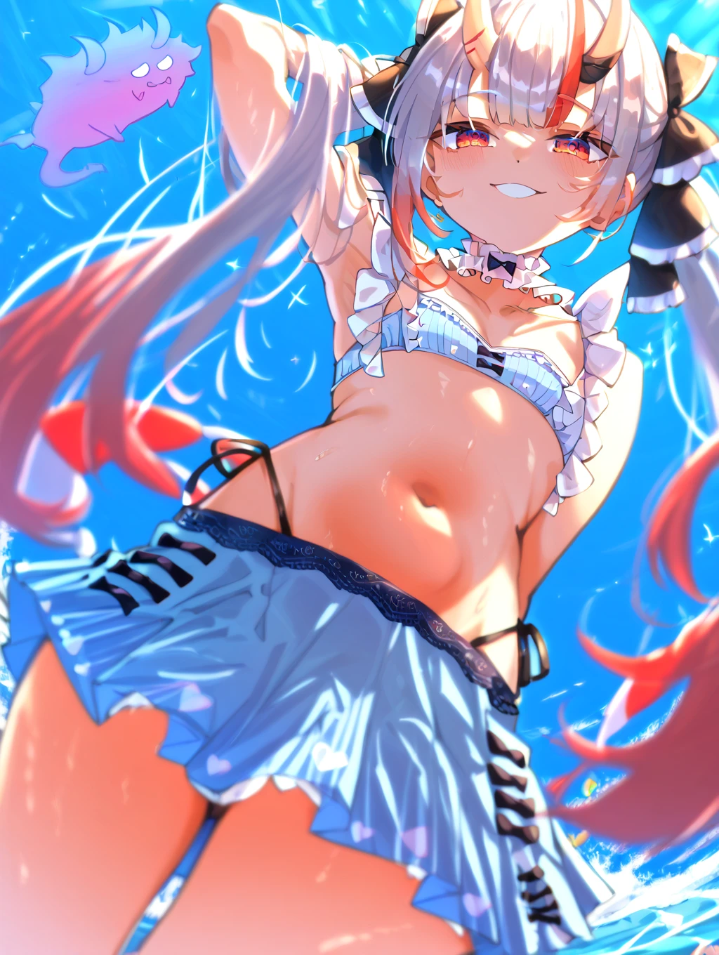Make a work of art by vtuber gura gawr, wearing a micro bikini, na praia, umbigo de fora, barriga de fora, Raising your arms back, coxas sensuais, seios pequenos.