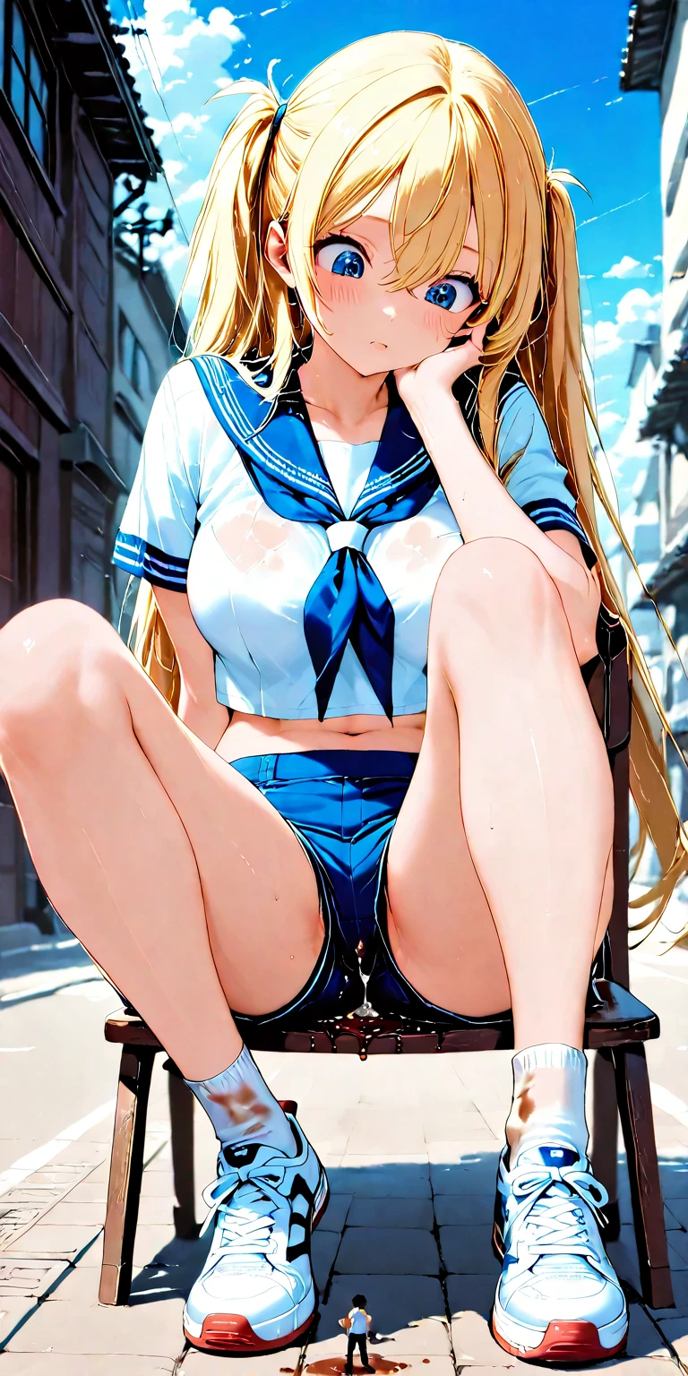 (((Nipples exposed from disheveled uniform)))、(((((have sex with a man and make him ejaculate)))))、(((((sexual act)))))、((((insertion))))、((((((Lie down and spread your legs))))))、Nipples protruding from the bra、((((feel shy))))、((a blond))、beautiful  Girl、Large beautiful breasts、cleavage of the breast、A slender、オマンコ、(((((Seduction while being shy)))))、((smil))