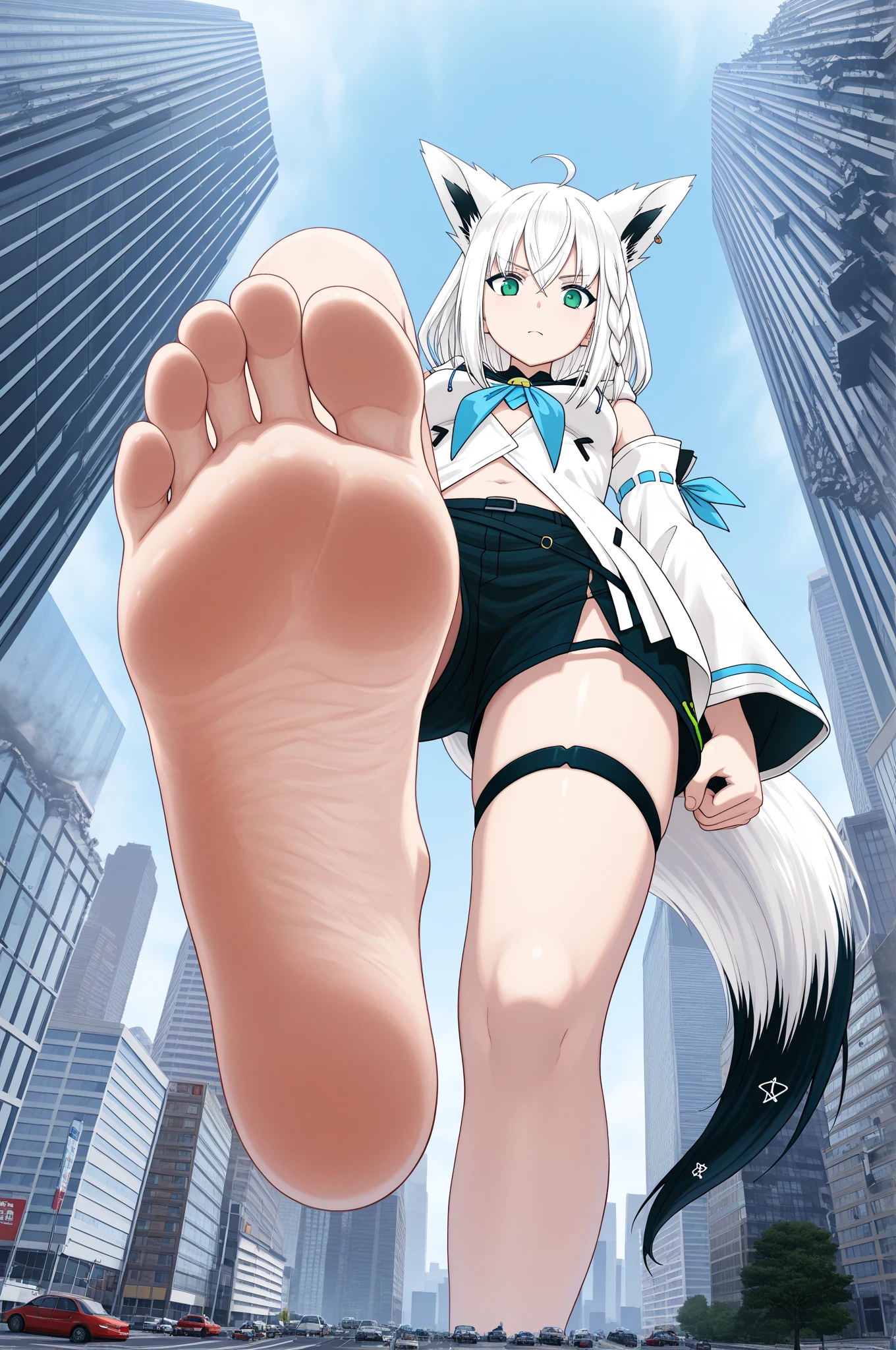 👽、Grey Skin、Big long ears、Reptilian face、masterpiece、Highest quality、Giantessのイラスト、Giant Spaceman、Giant aliens、smile、Open mouth and show teeth、beautiful身体、simple、beautiful、Anime illustration、Dirty soles、Trampling、Buildings being destroyed beneath our feet、I can see my feet、Draw a woman in a big way、Completely ?????、Giantess、Hall々Stand with、Hands on hips、giantess、Low - Angle、Small town view、Destroyed small town、Destroyed small building district、Smoke is rising、The fugitive々、Destructive illustration of a small city with buildings visible in the distance