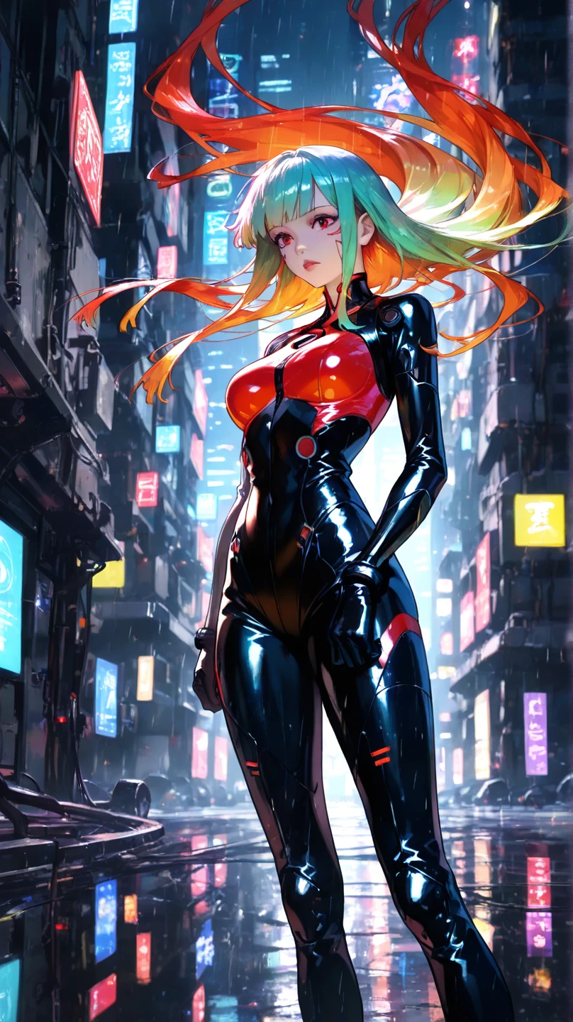 ((masterpiece,Highest quality:1.3)),cowboy shot,1woman,30 year old beauty,Investigator、独奏,(very small head:1.4),green hair,(low ponytail),long hair,blunt bangs,green eyes,gorgeous eyes,shy,tears"Heavy breathing、medium breasts,(very long body:1.4),(toned body,slender body,skinny),gleaming skin,shiny skin,((Black high leg bodysuit、Long sleeve,barefoot))、incontinence、peeing、Wet crotch、standing,Dark back alley、Metropolis、cyber punk、World of Blade Runner、