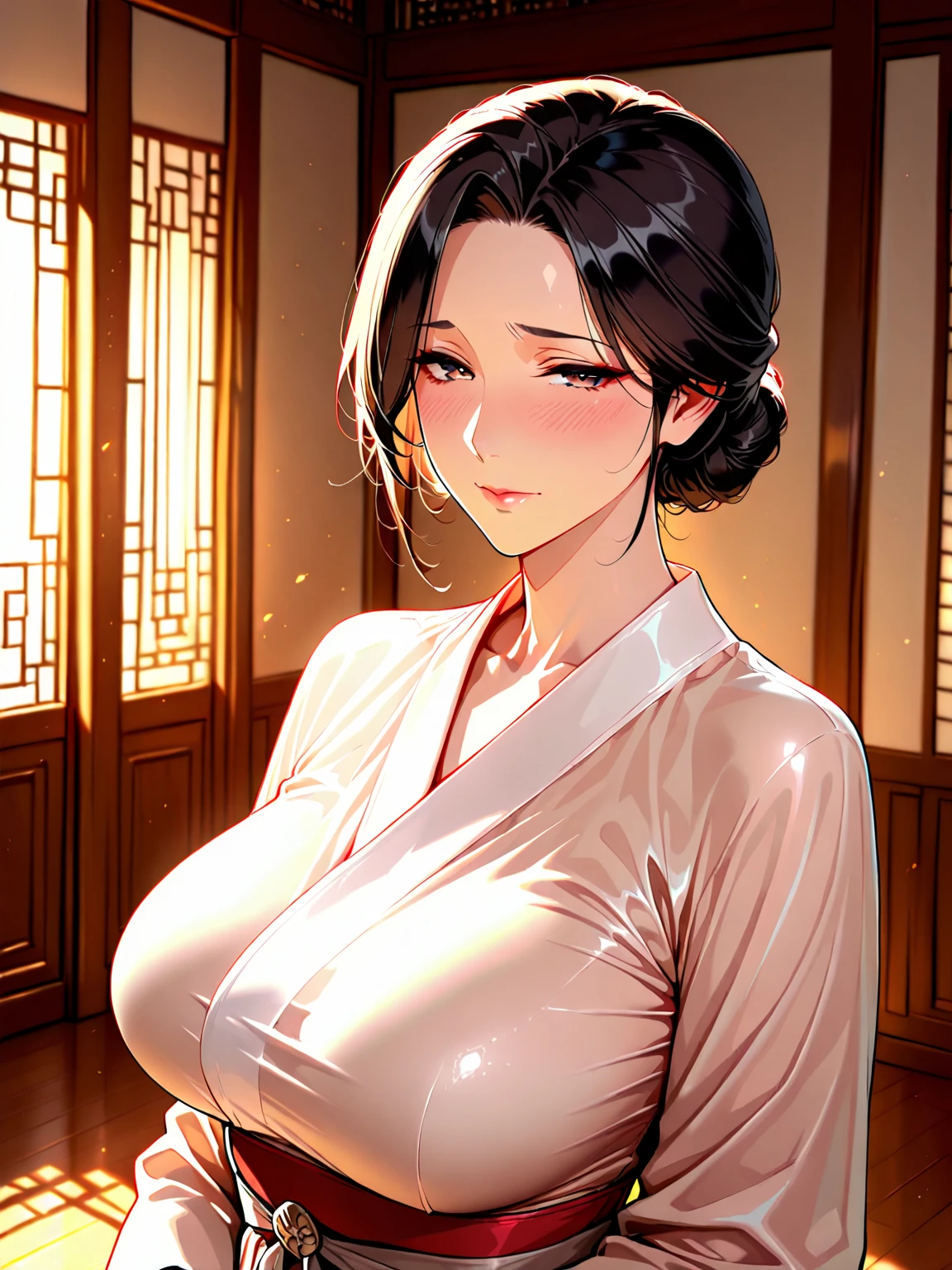 1girl,he tall,short ponytail wet black hair,super big breast,(P cup),age 17,happy and smile very detailed face,long white hanfu outfit,full body,red peach lips,her nose and cheek was red,in riverside