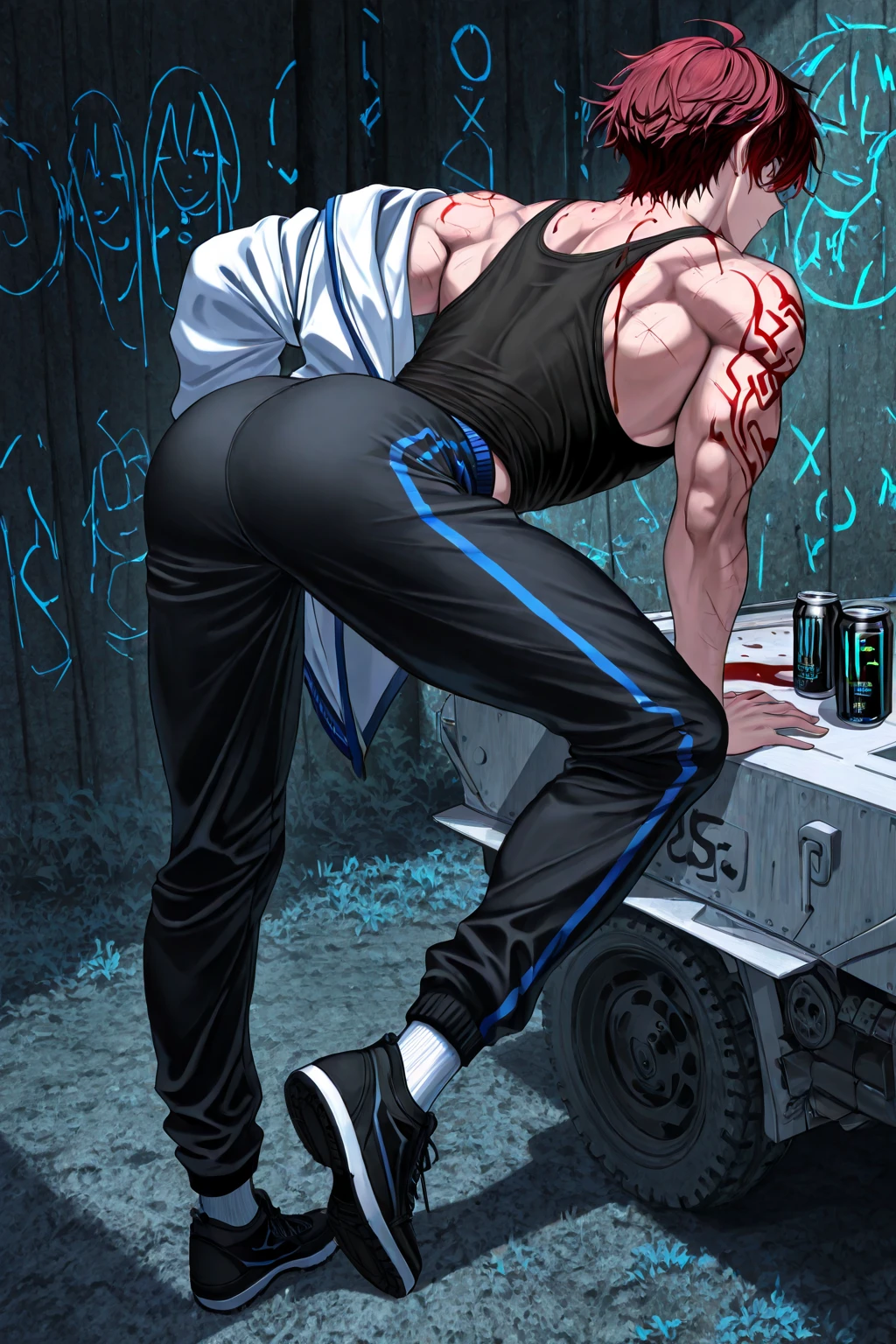 (NSFW: 1.5),(Create a masterpiece: 1.2),(CGI art:1.3),(realistic:1.5),(After processing:1.3),(Sharp focus:1.3), (man Sit with your knees raised.:1.5 ), (Close your eyes.), Open mouth, show teeth, , straight, front ,Chris Redfield ,(black hair), smile open mouth, (Wear color navy round neck T-shirt: 1.5), (with a Police badge: 1.2), navy cargo, (Torn shirt:1.4), (wound: 1.3) , (blood splatters) ,( abrasions on face: 1.4), (Blood stains on the face and body: 1.4), Korean guy , korean men, (High gloss details), chest muscles, large a