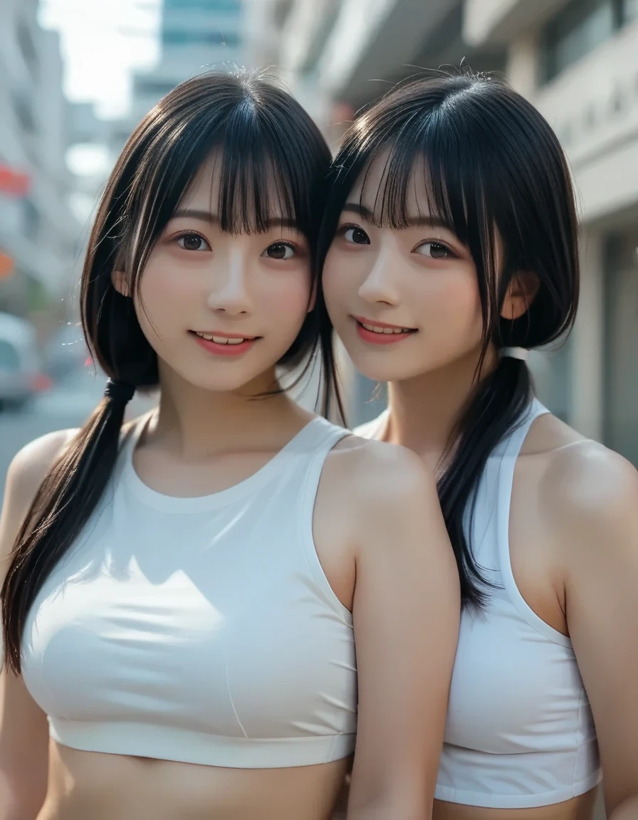 (((Two girls standing side by side, cheek to cheek)))、((Two people touching cheeks)),((Highest quality)), ((masterpiece)), (detailed),((Perfect Face))、((Perfect body))、 ((The two of them bend over and look at me.))、((Both of them looking up))、((big breast:1.2))、8K,Realistic、Realistic、High definition、high resolution、Real、Japanese、Outdoor、blue sky、summer、21 years old、smile、A good friend、Heavy makeup、Sleeveless shirt、Blue flared mini skirt、Black Hair、ponytail、