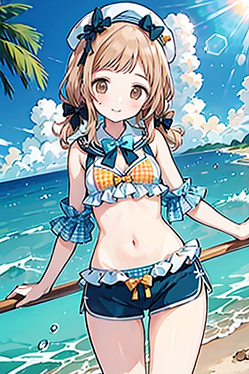 (masterpiece), (best quality), 1girl, medium breasts, id_honoka_kosaka, bikini, sunhat, looking at viewer, armpit, white background