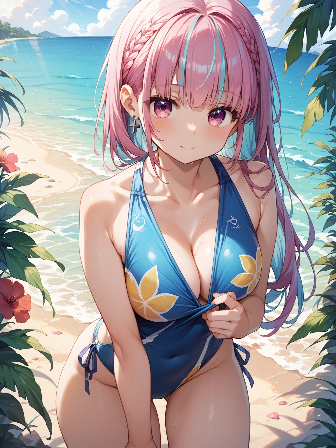 masterpiece, highest quality, Ultra-high resolution, highest quality, anime tone, Best writing, Beautiful Face, (anime:1.1), highest quality, masterpiece,
1 girl, Shelley Nome, Colorful Hair, Blonde Hair, Pink Hair, Gradient Hair Long Hair, Big Breasts, blue eyes, Mature Woman,  Looking at the audience, smile, Upper Body, (Light purple frill bikini:1.3), (Beach Background:1.3), (Lie face down on a beach chair:1.2), Side table