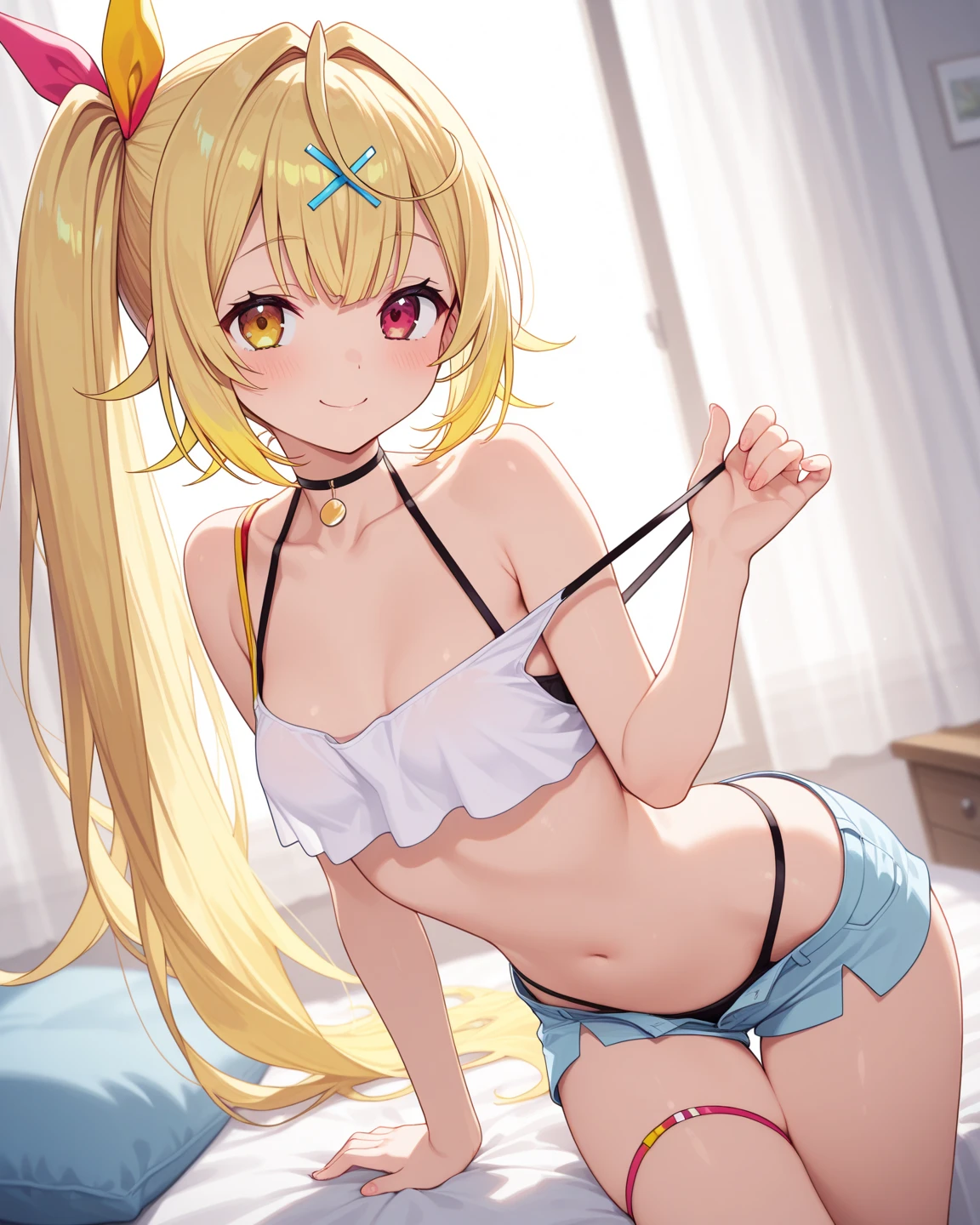 Anime girl in white bikini and pink jacket,(White jacket), (Light Pink)Tank top, (Pink Thong)(High leg)(High Cut), Erect nipples, Slim and narrow waist, belly button, Small hips, Only the waist, (partially exposed)vulva, (Blonde)bread(Twin tails), White ribbon, Dark Eyes, blue eyes, sunny, (Crotch wedge)Camel Toe