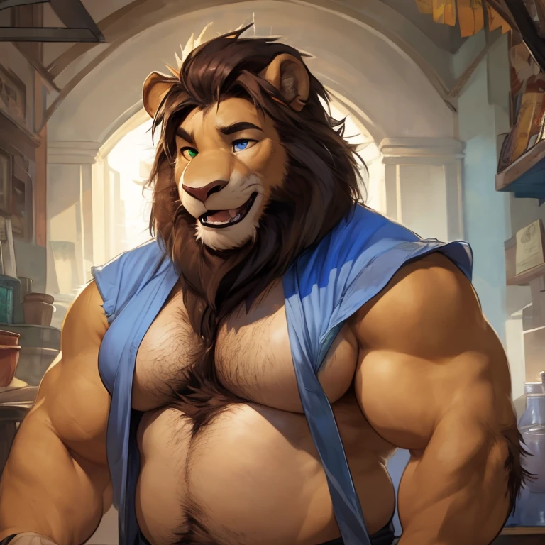 solo, male focus, lloydip, lion, blue eyes, blue nose, blue tongue, mane, vest, shirt, bow, sitting on chair, looking at viewer, smile, open mouth, teeth, detailed bar background, sunlight, masterpiece, intricate, ((detailed face, detailed eyes)), by redrusker, erection, thick cock, 4k, hi res, best quality, masculine, muscle