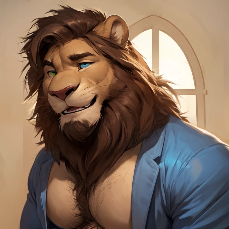 olo, male focus, lloydip, lion, blue eyes, blue nose, blue tongue, mane, vest, shirt, bow, sitting, looking at viewer, smile, open mouth, teeth, detailed bedroom background, sunlight, masterpiece, intricate, ((detailed face, detailed eyes)), erection, thick cock, 8k, hi res, best quality, HD, 5 fingers, full body, suggestive pose, expressive, erotic,