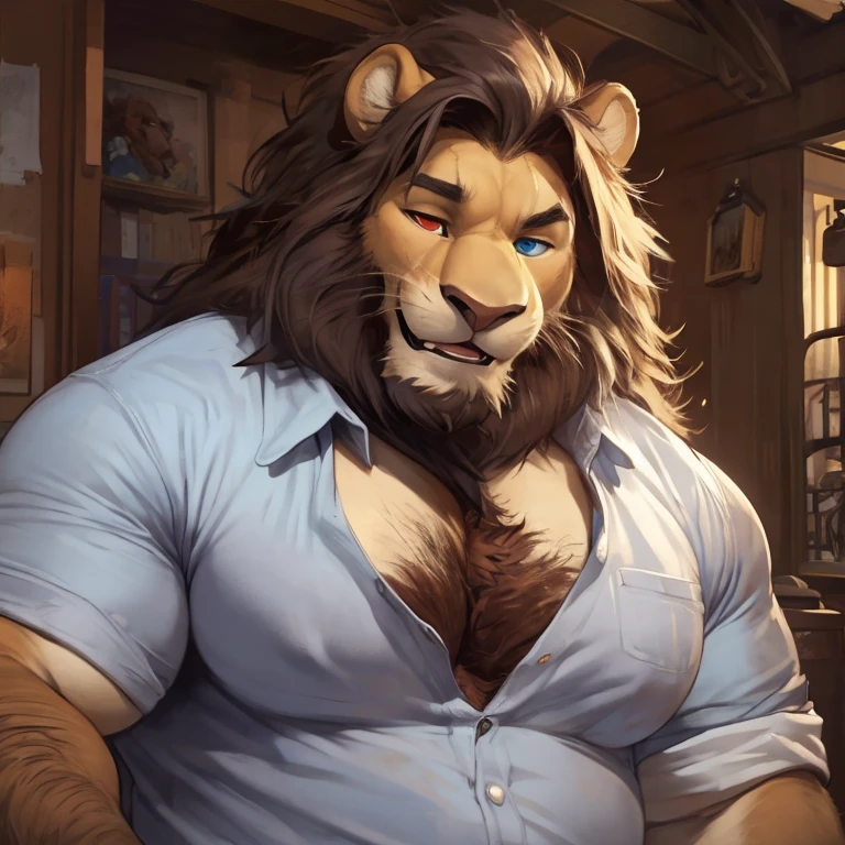 Semi-Muscular and chubby , male middle aged, anthro lion, thin beard, flirting, dynamic light, opened Shirt, thick shirt ,Orange hair and beard, extremely hot and sexy, Daddy figure, hot daddy, boss, by darkgem, by zixiong, by glitter trap boy