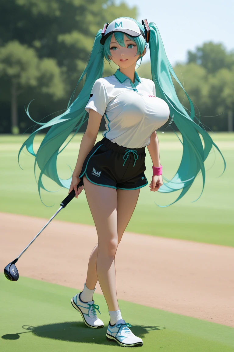 ((((masterpiece, Best Quality, High resolution)))), extremely detailed 8K, (sexy Beautiful 16 years old girl with slim body:1.6),(playing golf:1.6), (Ultra HD, Ultra-detailed, Highly detailed, Highly realistic, Ultra-realistic, photos realistic),{ short depth of field, (god ray:1.2), (bounced front lighting:1.1), (soft diffused lighting:1.6) },(white blonde long wavy hair:1.5), (dynamic sexy poses), (very delicate and natural hair:1.3), facing at camera, light smile, (huge firm breasts: 1.5), (very delicate and natural face, very delicate and natural eyes:1.3),(very delicate and natural clothes:1.2),{(wearing skinny (blue:1.2) golf wear, front button unfastened, chests part widely open, tight white skirt,white knee high socks, (red:1.2) golf shoes, wearing pink golf cap:1.6)}, (pink hard nipples pointing:1.3), Glow, (very Sweat:1.2), (rays of sunshine, Sunlight), sexy long legs,Sexy, Blushing, (ultra realistic wide landscape, photogenic scenery:1.1), standing on golf course, Augusta National Golf Club, neatly arranged green, very windy day, hair blowing in the wind, skirt blowing in the wind