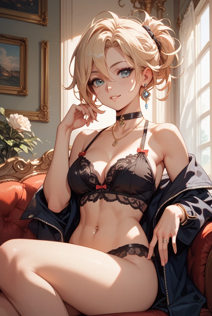 Take off your bra, (masterpiece:1.2), (best quality:1.2), (very detailed:1.2), (very detailed face), (very detailed), 8K, 1 woman, Short hair, blonde hair, medium chest, muscular, Slim and body, Luxurious black bra, Luxurious black thong, Silver Necklace, Full of laughter, looking at viewer, on the sofa, In a luxurious living room,