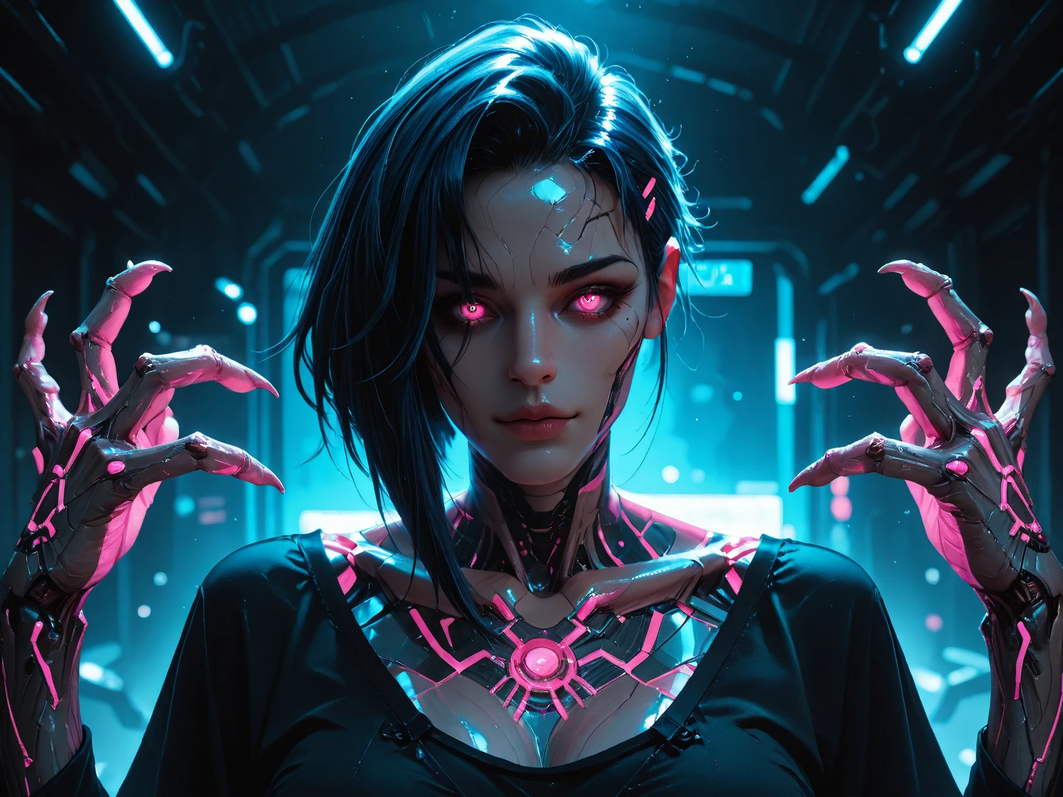 score_9, score_8_up, score_8_up, monster girl, (long hair), small breasts, (glowing cyber claws:1.5), eyes on body, blue bioluminescent eyes, pinup pose, seductive pose, revealing clothes,gauntlets, Expressiveh